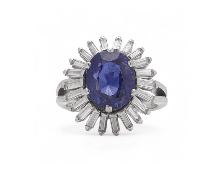 Art Deco style 18KT White Gold 2.30 ct. Sapphire and Diamond Cluster Ring