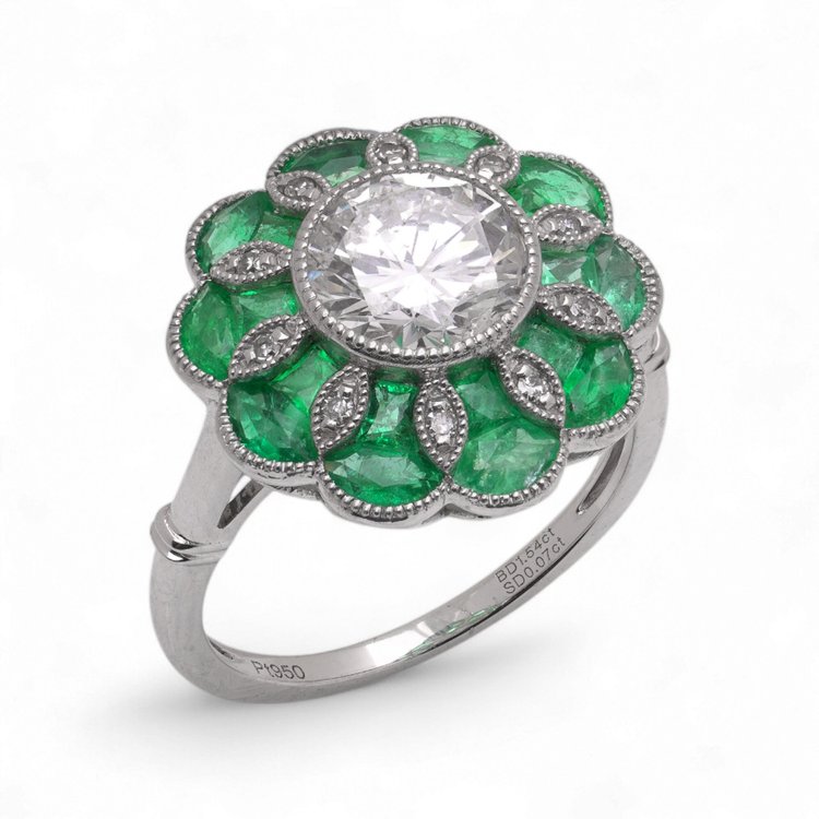 Art Deco style Platinum Diamond and Emerald Cluster Ring