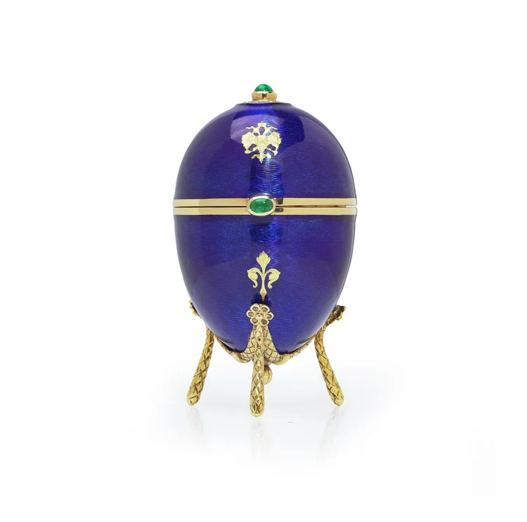Faberge Blue Enamel, Diamond and Emerald Egg