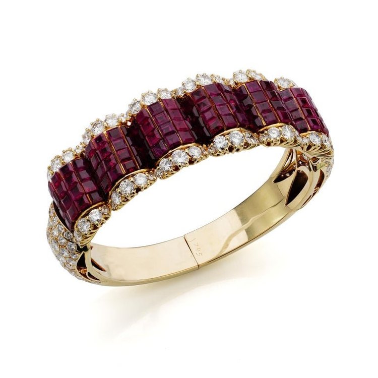 Simon Rudle 14KT gold ruby and diamond bangle