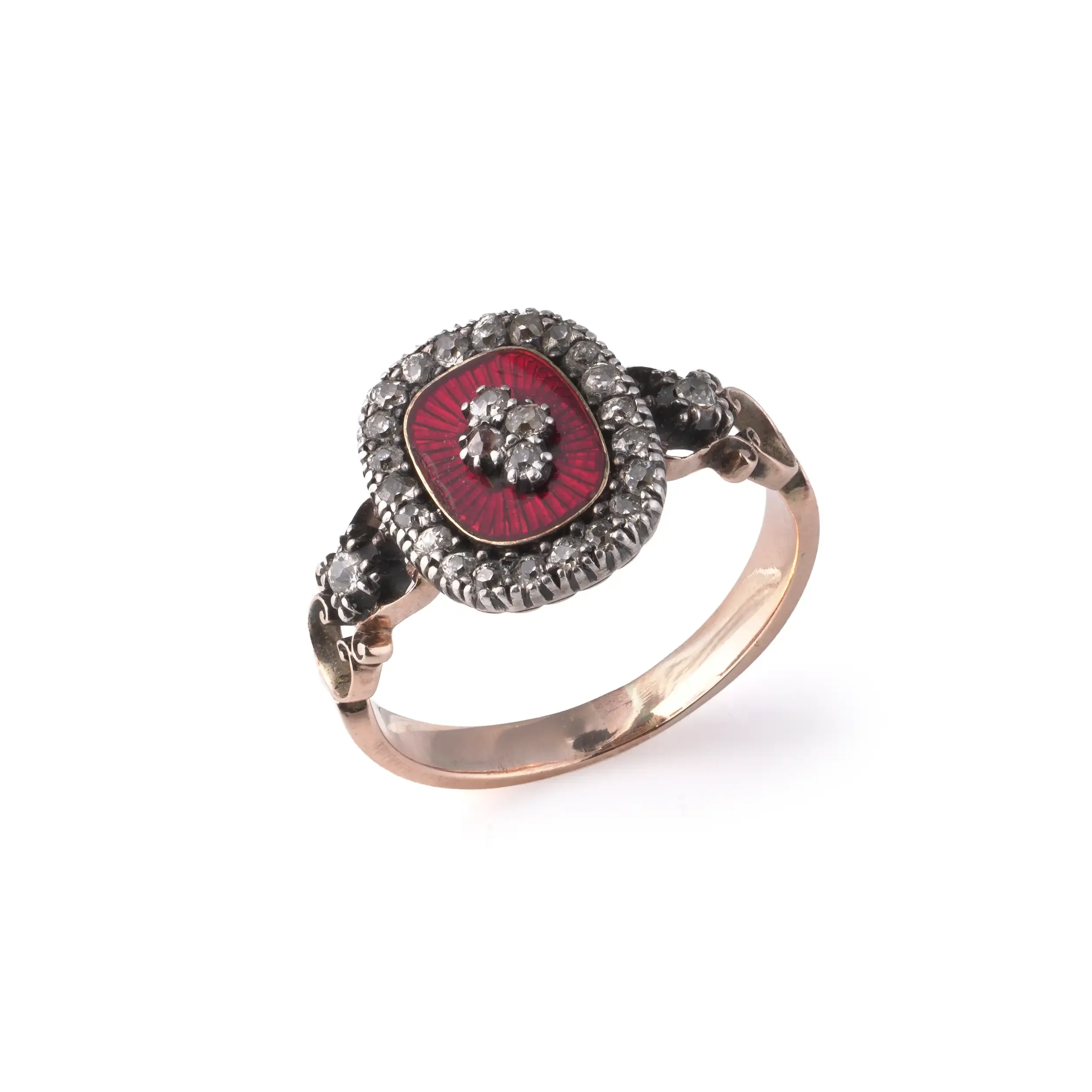 Victorian Rose Cut Diamond & Red Enamel Ring 9KT Gold Circa 1890