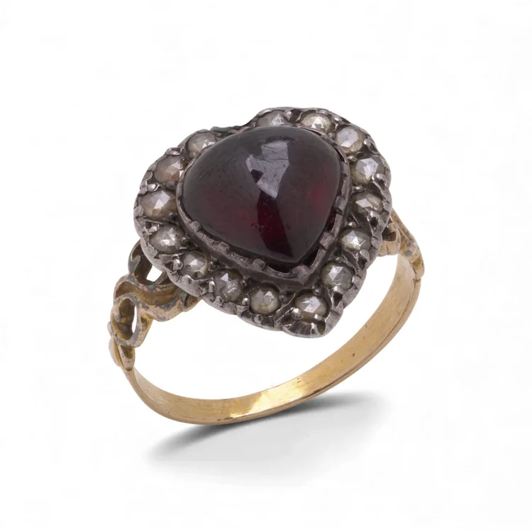 Georgian 15KT Gold Heart-Shaped Garnet & Rose-Cut Diamond Ring, Circa 1800