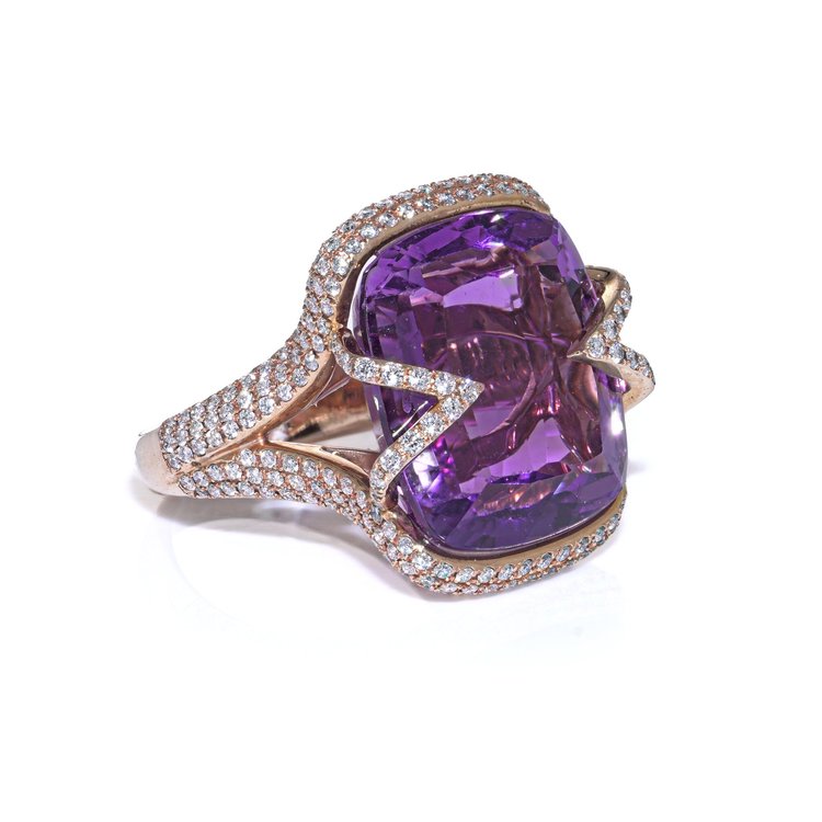 Vintage 18KT Gold Amethyst and Diamond Ring, Signed Gasal