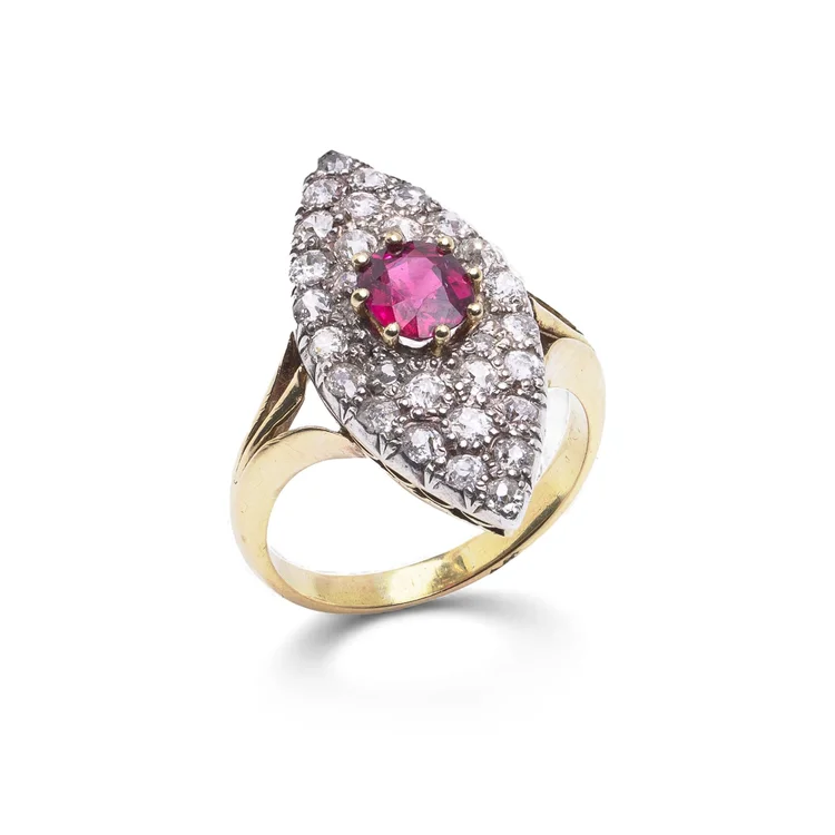 Victorian 18KT Gold Marquise Ruby & Diamond Cluster Ring