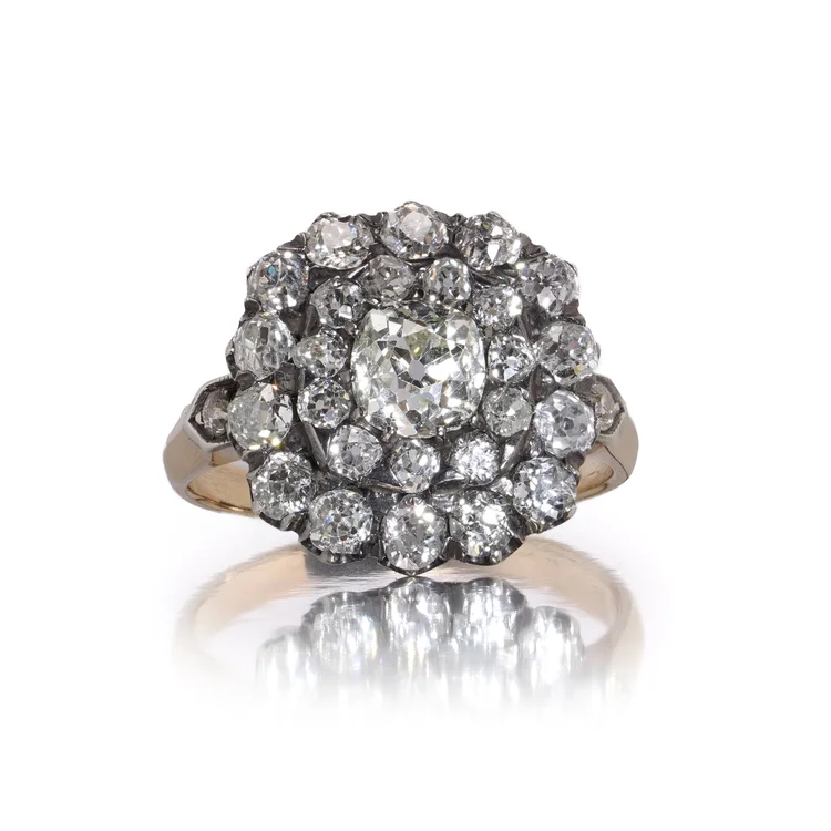 Antique 18KT Gold & Silver Cluster Ring with Old-Cut Diamonds