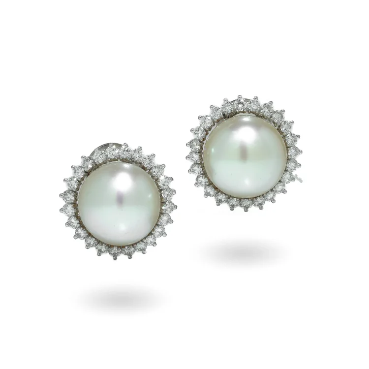 Vintage 14KT White Gold South Sea Pearl and Diamond Clip-On Earrings