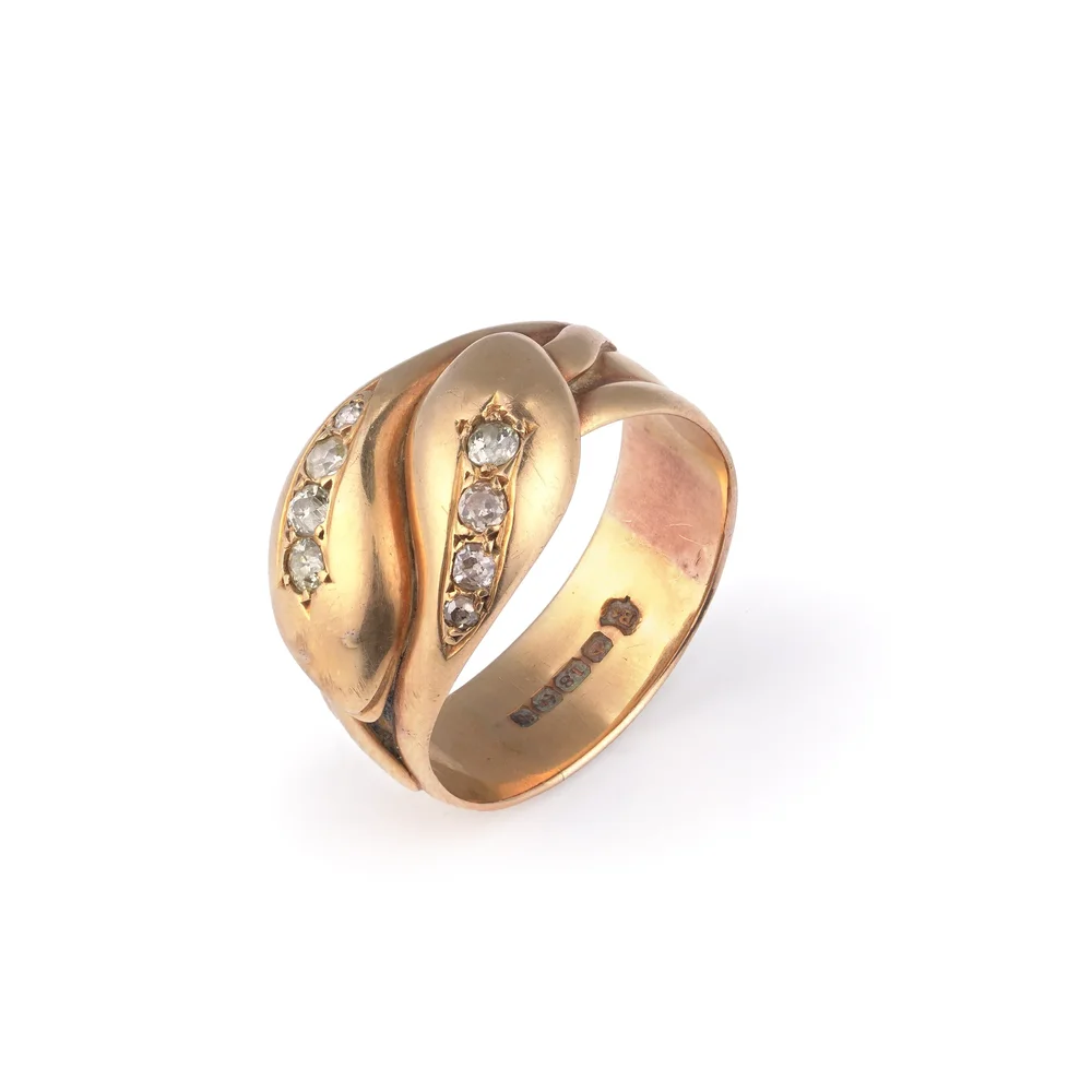 Edwardian 18KT gold snake ring, diamonds, Birmingham 1915