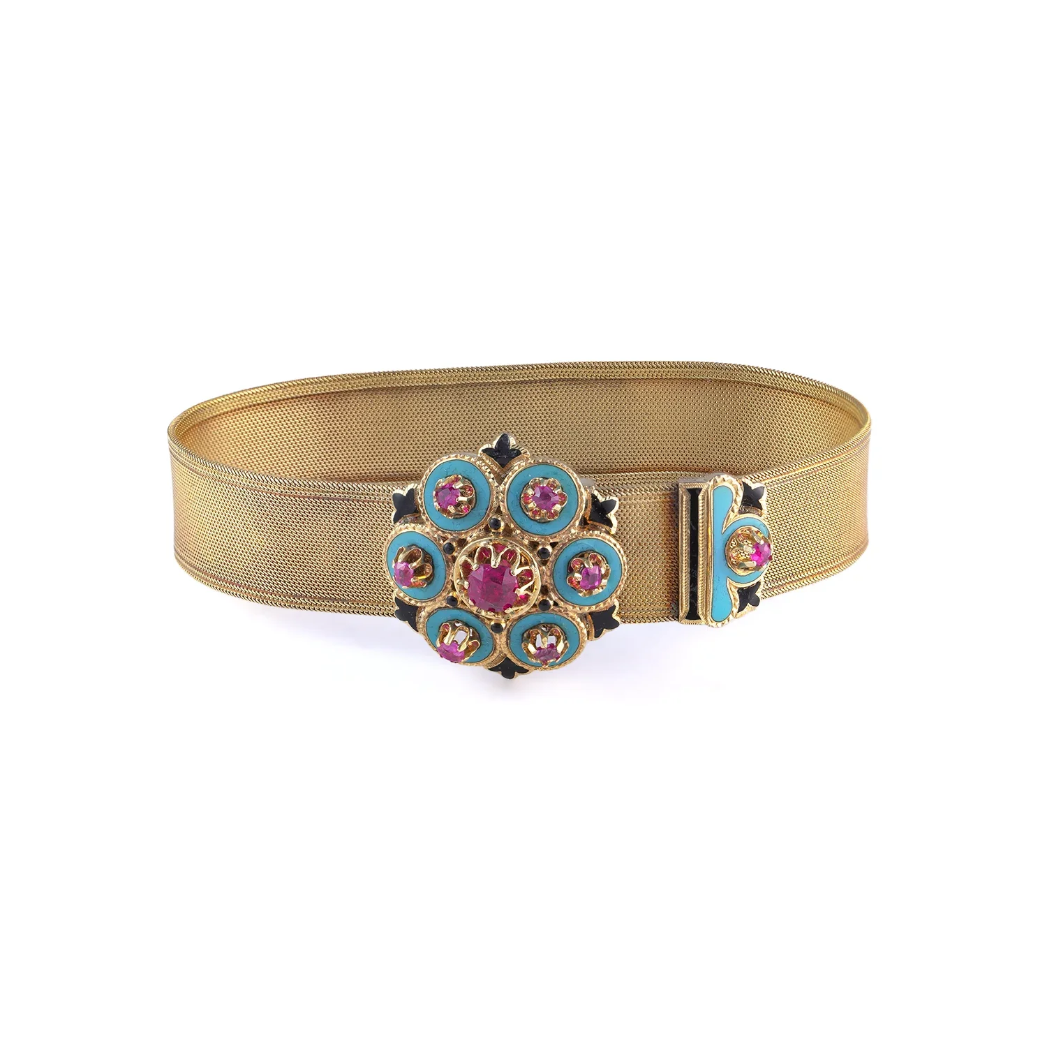 MOZERIS-FINE-ANTIQUES-ANTIQUE-22KT-GOLD-RUBY-AND-ENAMEL-BELT-BRACELET2.webp