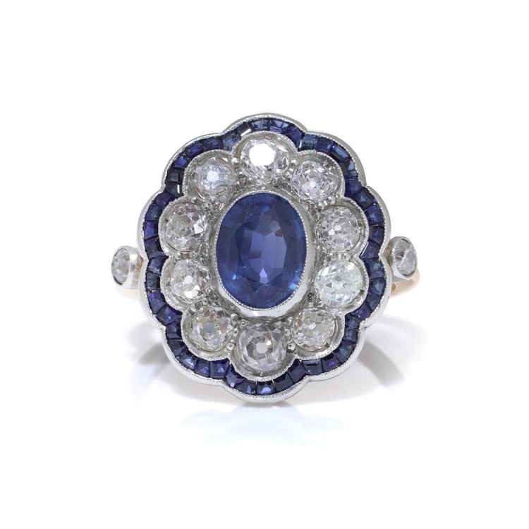 Victorian 15KT Gold and Silver Sapphire and Diamond Cluster Ring, Circa 1890s