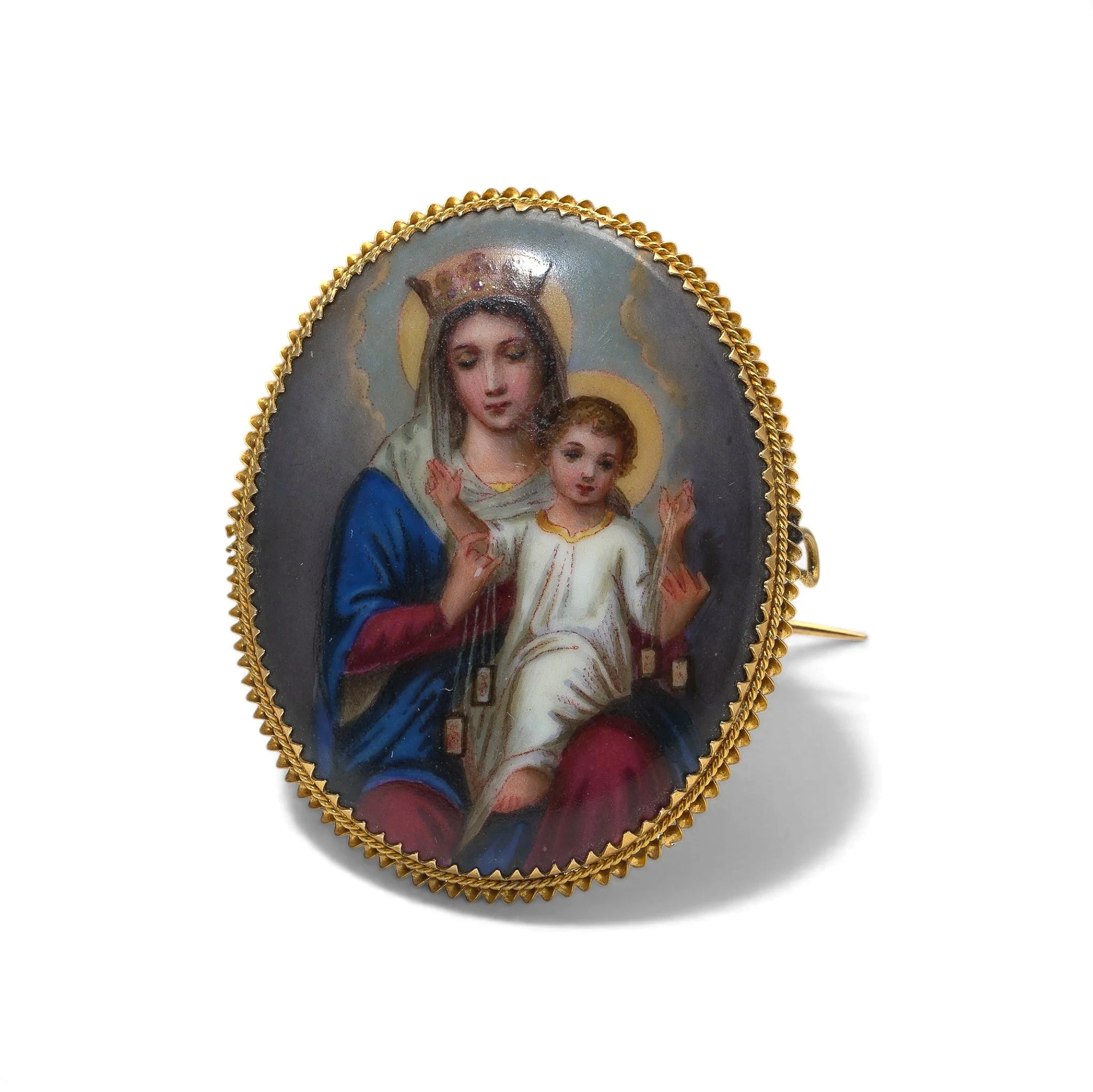 Antique 18KT Gold Enamel Painted Madonna and Child Brooch