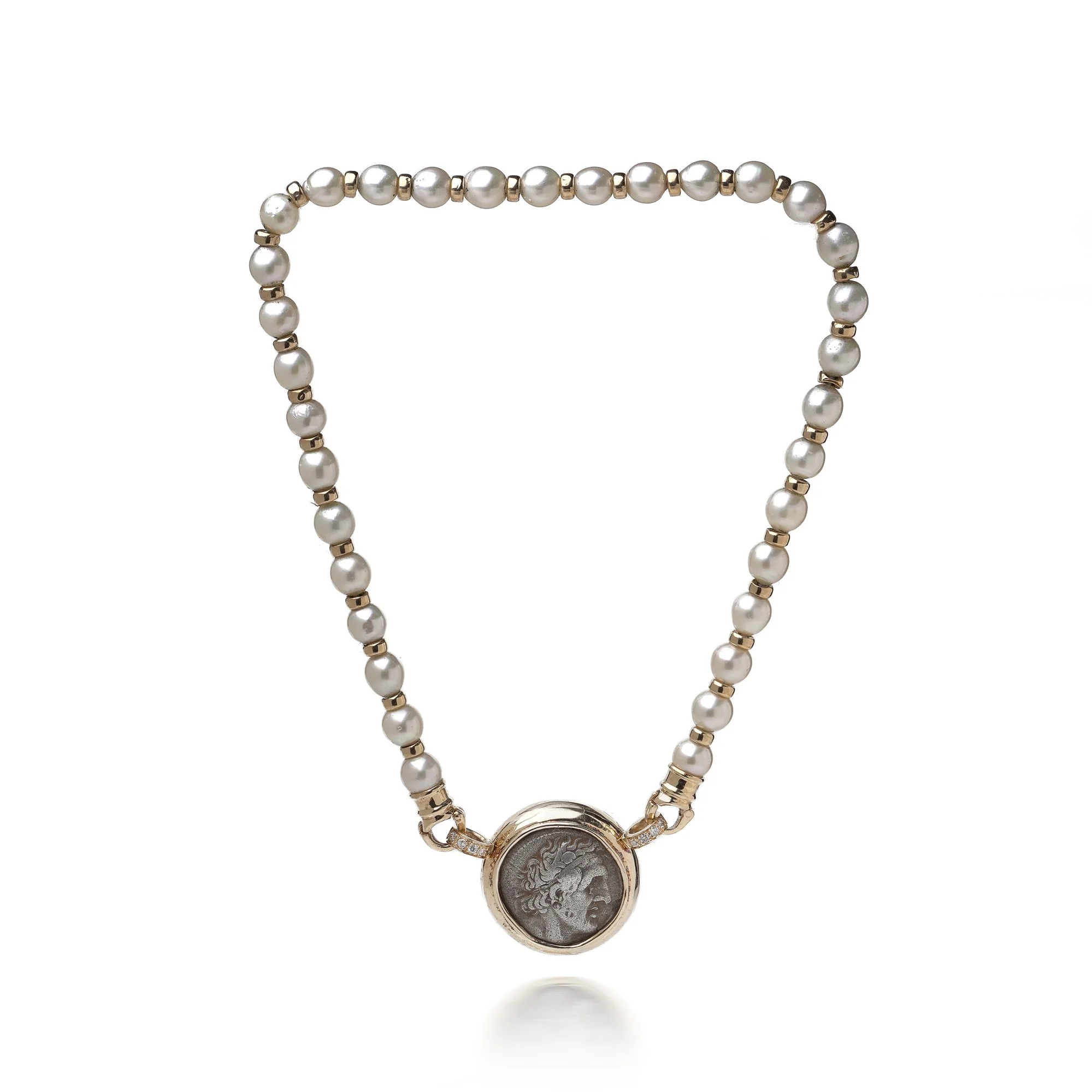 14KT Gold South Sea Cultured Pearl Necklace with Ancient Coin Pendant