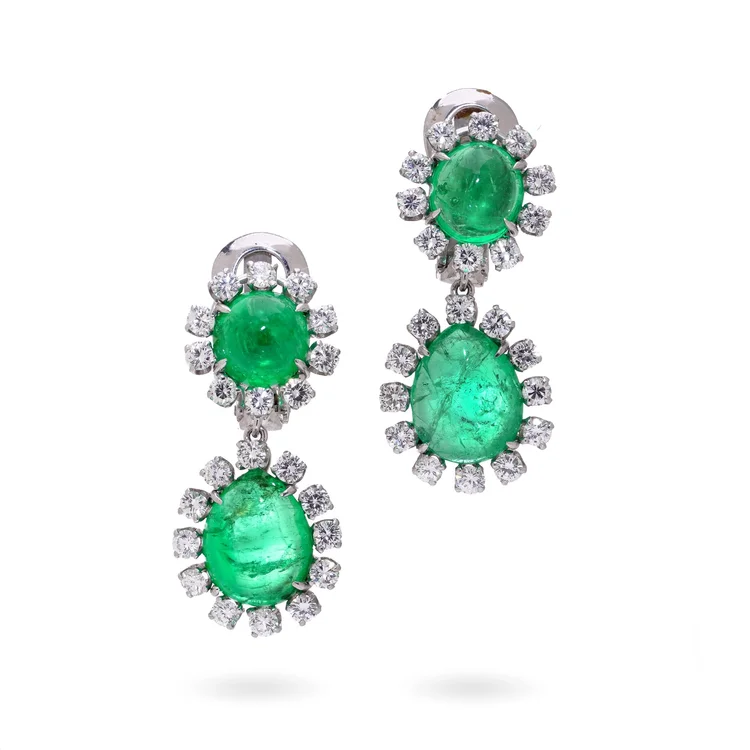 David Webb Platinum Emerald and Diamond Clip-On Earrings