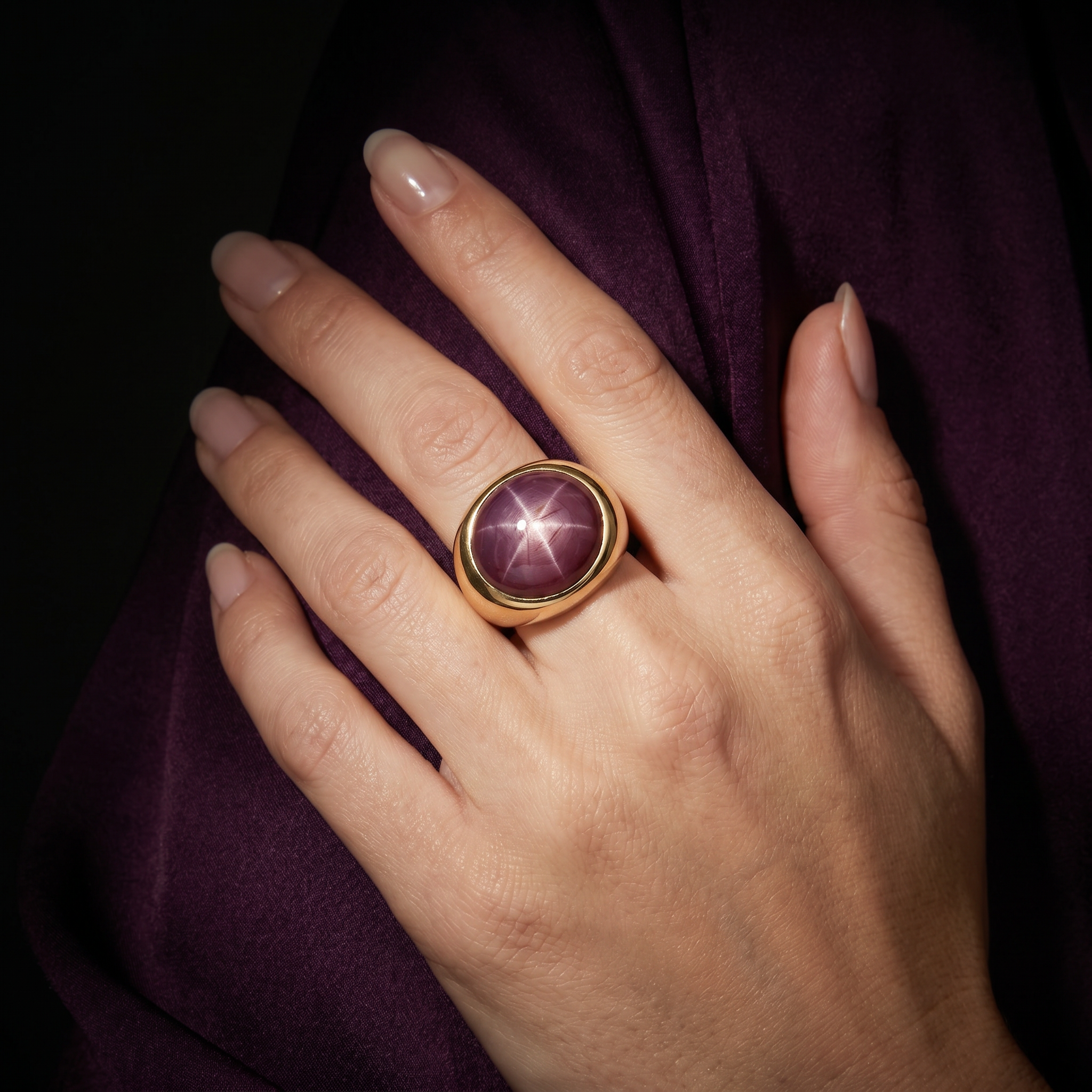 STAR RUBY CABOCHON 18KT GOLD DOME RING.png