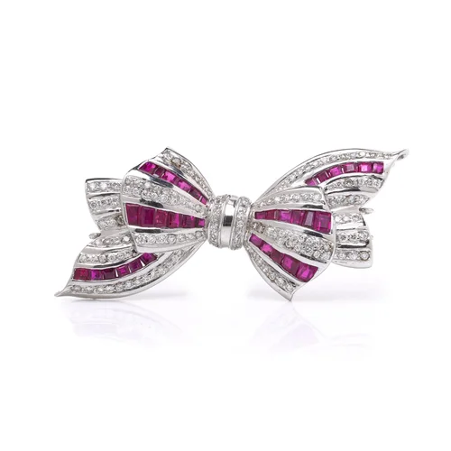 18KT White Gold Ruby & Diamond Bow Brooch