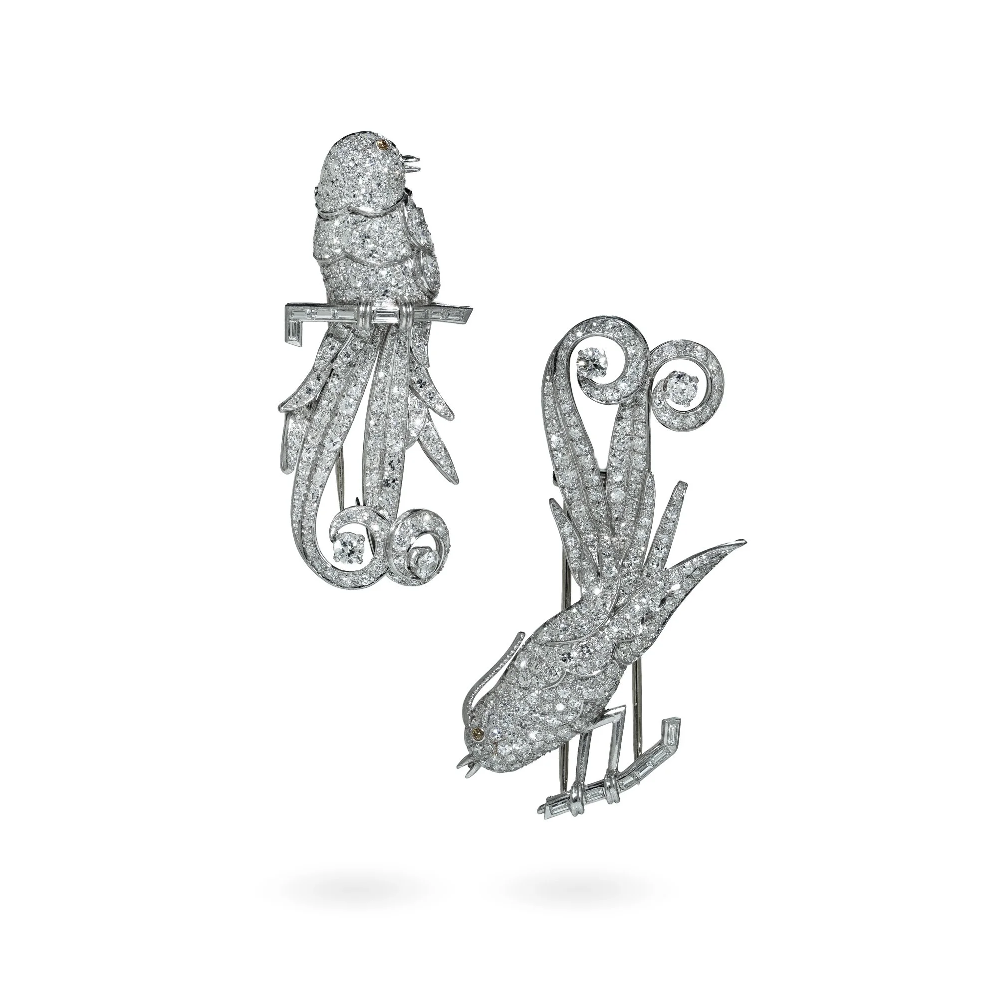 Art Deco Platinum Double Clip Diamond Bird Brooches