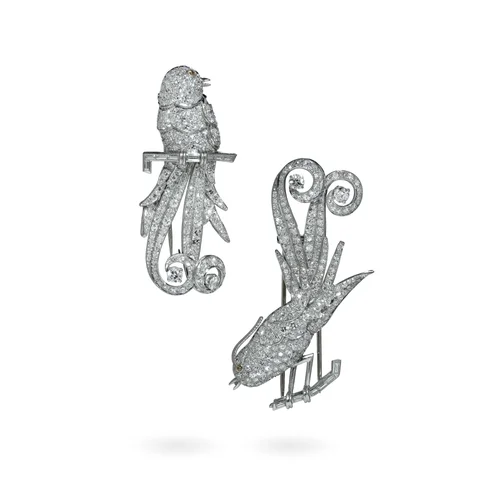 Art Deco Platinum Double Clip Diamond Bird Brooches