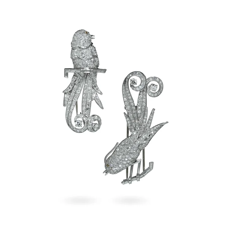 Art Deco Platinum Double Clip Diamond Bird Brooches