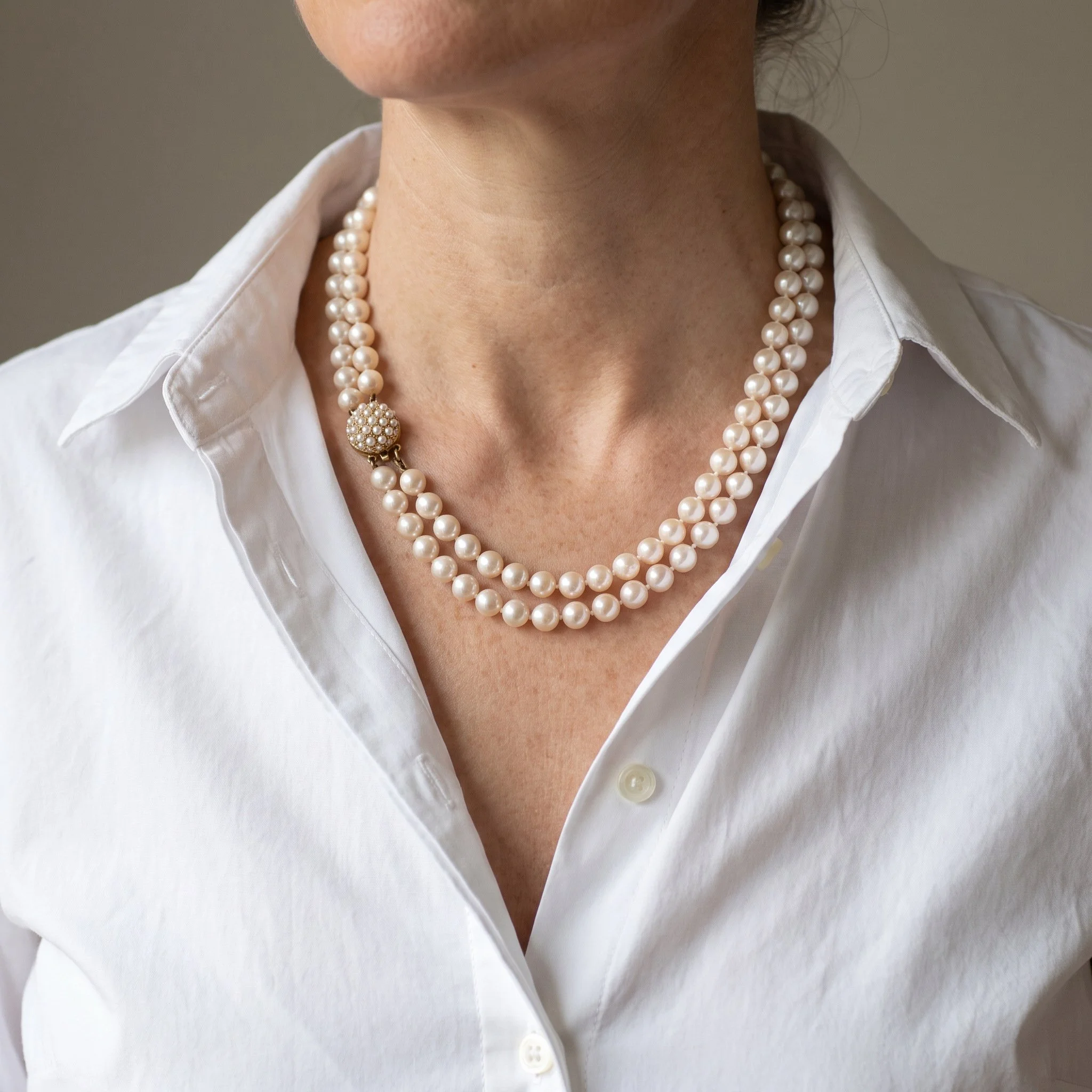 Cultured-Pearl-Double-Strand-Necklace-with-Gold-Clasp-99-worn-Mozeris-Fine-Antiques.jpg