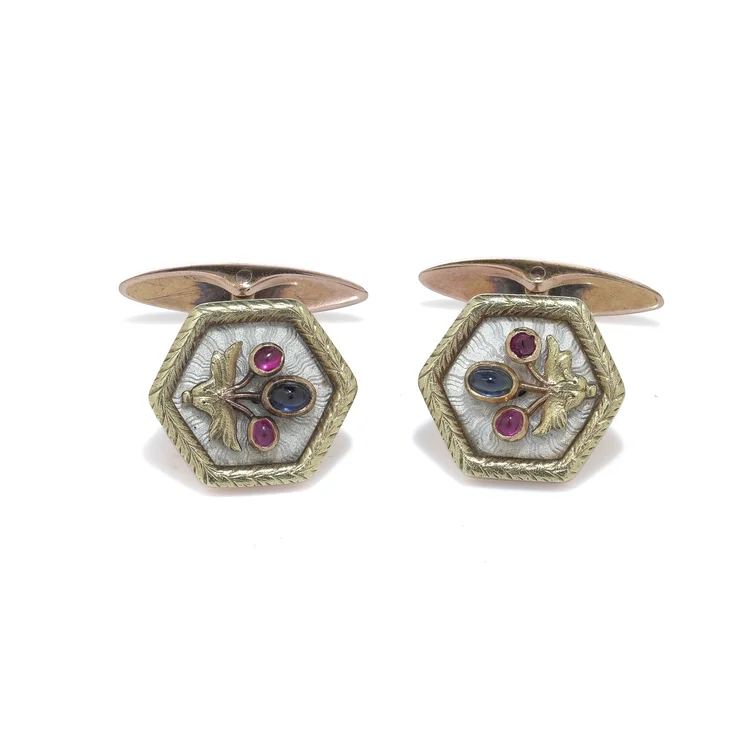 Russian Faberge Workmaster 14KT Gold Enamel and Gem-Set Cufflinks