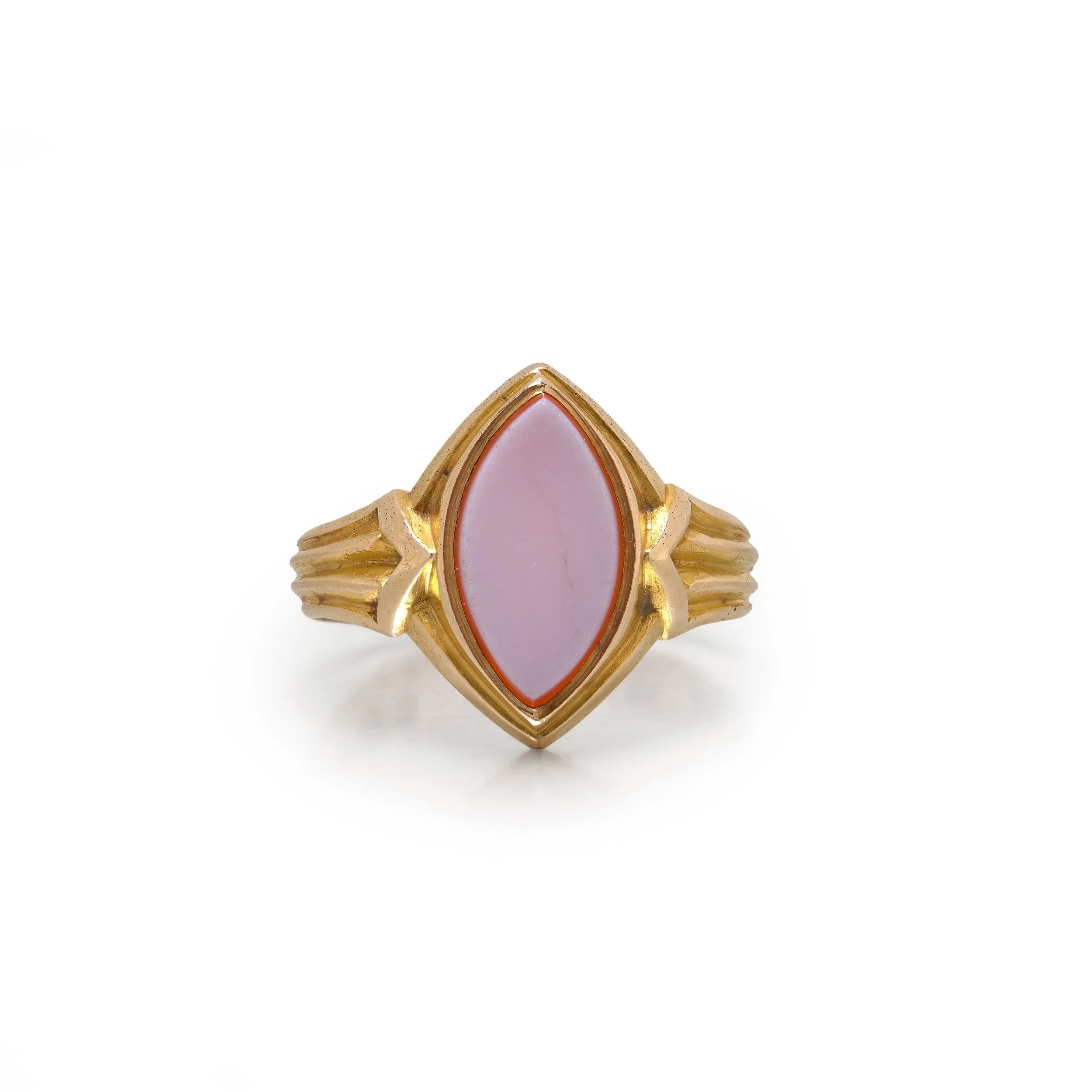 Antique 15KT Gold Banded Agate Marquise Ring, Reeded Chevron Shoulders