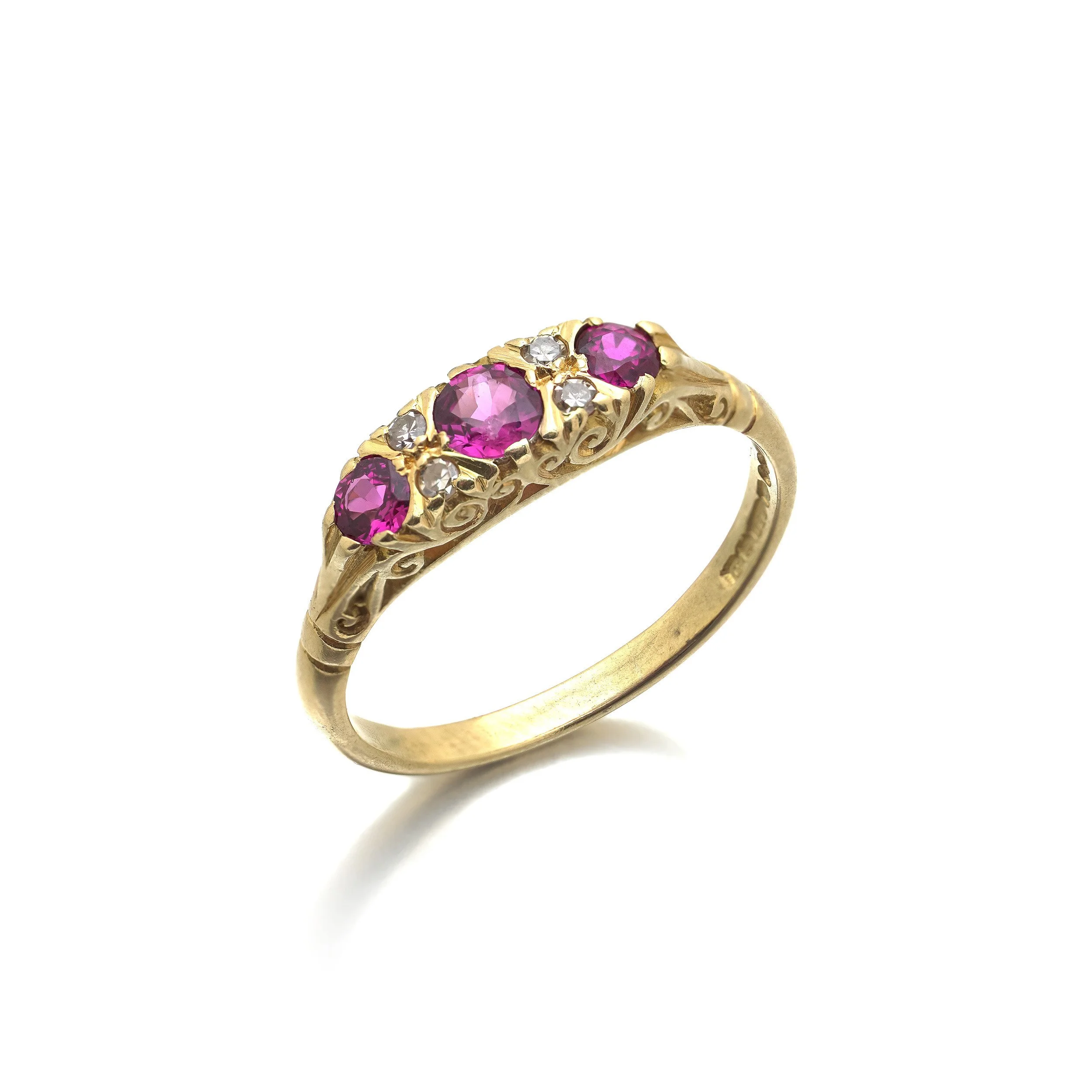18KT Gold Ruby and Diamond Carved Half Hoop Ring