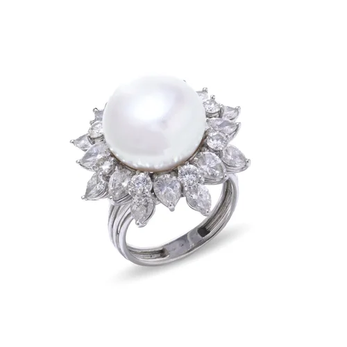 Vintage Platinum Pearl Cluster Ring with Diamonds