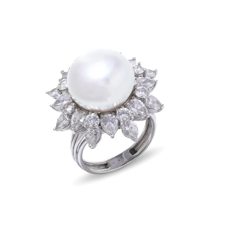 Vintage Platinum Pearl Cluster Ring with Diamonds