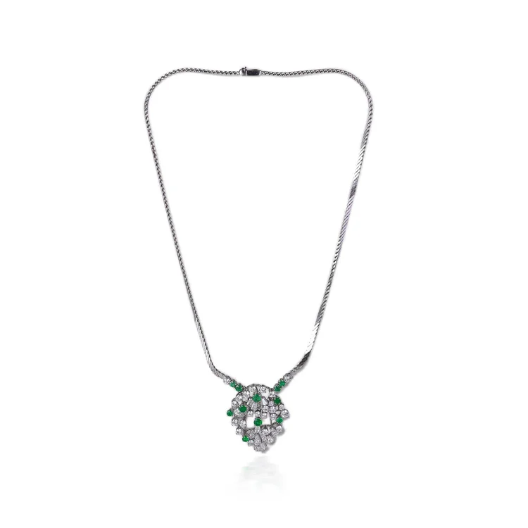 18KT White Gold Diamond and Emerald Necklace