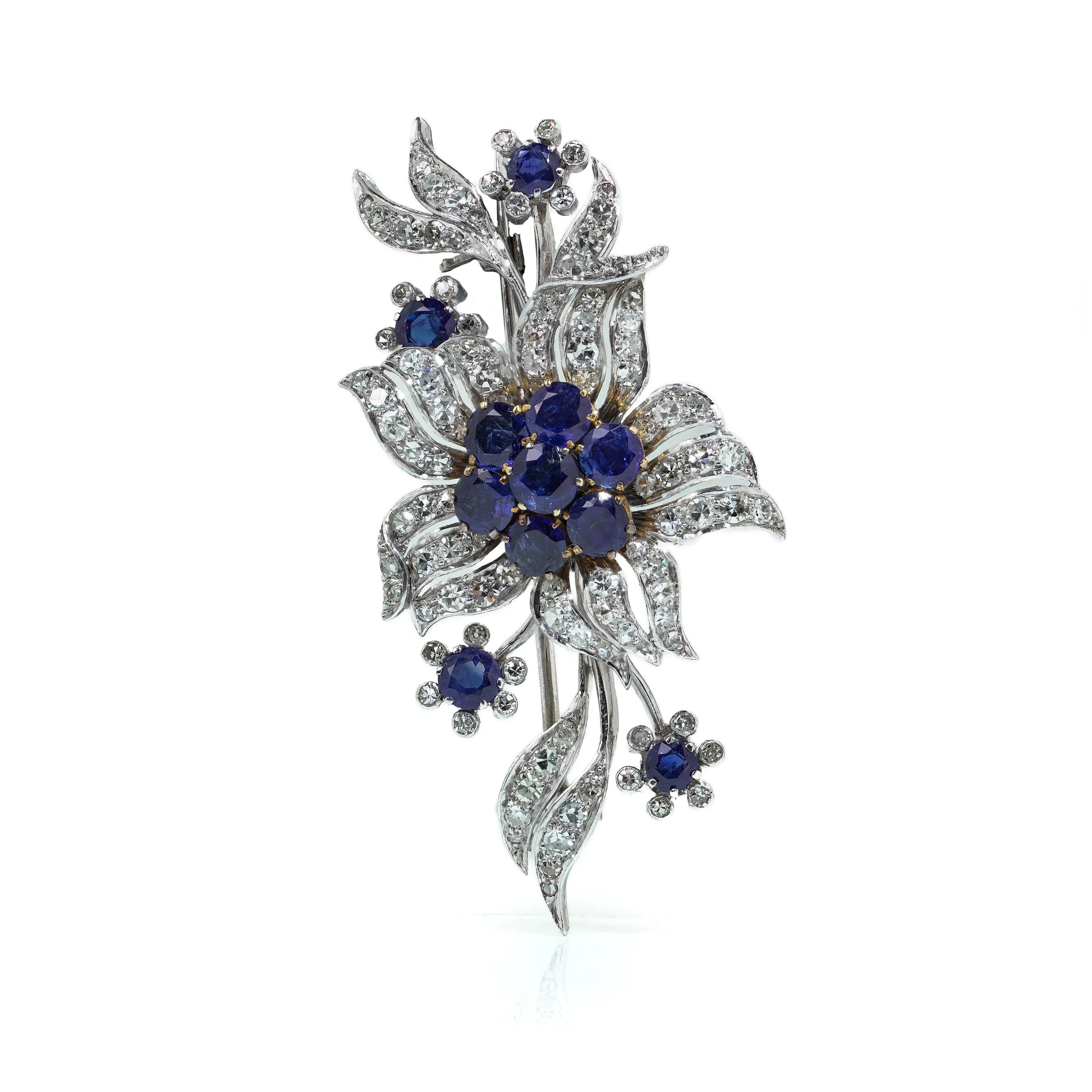 Vintage Palladium Sapphire and Diamond Floral Spray Brooch