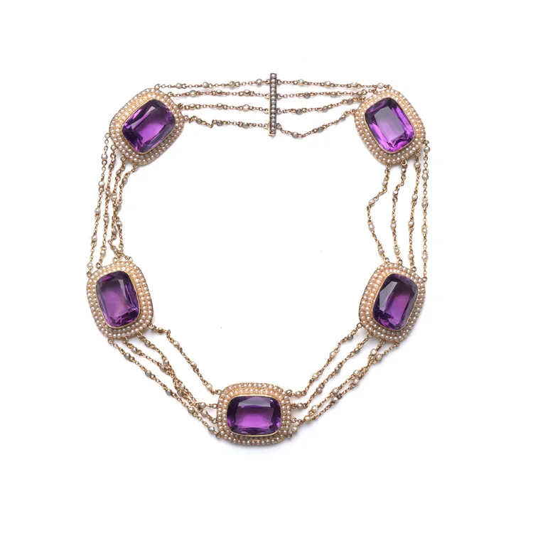 Victorian Natural Pearl and Amethyst Necklace in 14KT Gold