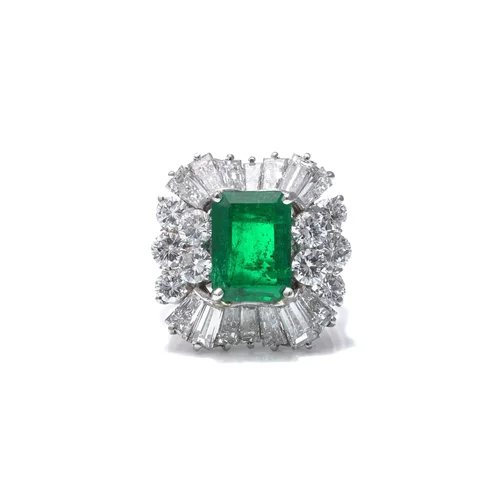 Platinum Colombian Emerald Diamond Cluster Ring