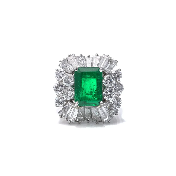 Platinum Colombian Emerald Diamond Cluster Ring