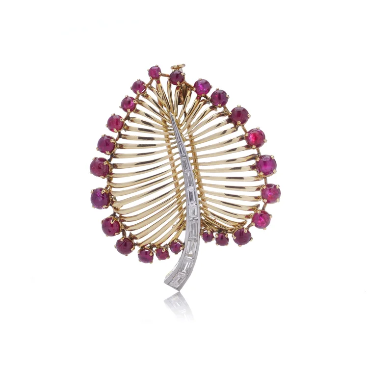 Vintage Retro 18KT Gold and Platinum Diamond and Cabochon Ruby Leaf Brooch