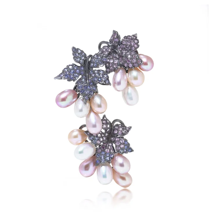 18KT Dark Gold Brooch with Mixed Cultured Pearls and Blue & Pink Sapphires