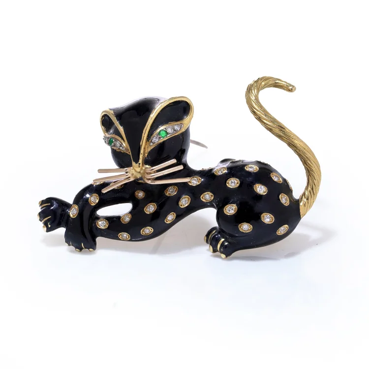 Kutchinsky 18KT Gold Diamond and Enamel Cat Brooch