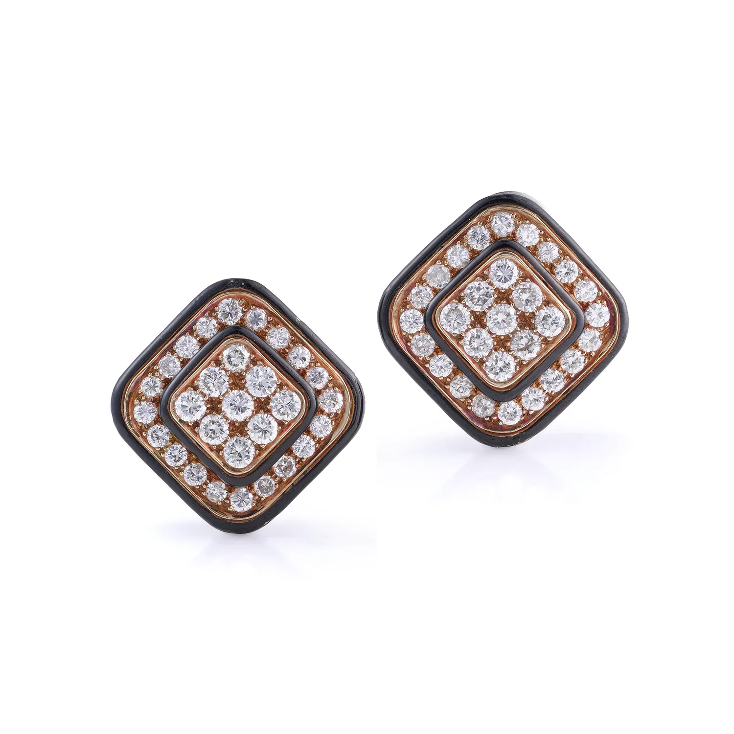 Vintage 18KT Gold Black Enamel & Diamond Clip-On Earrings