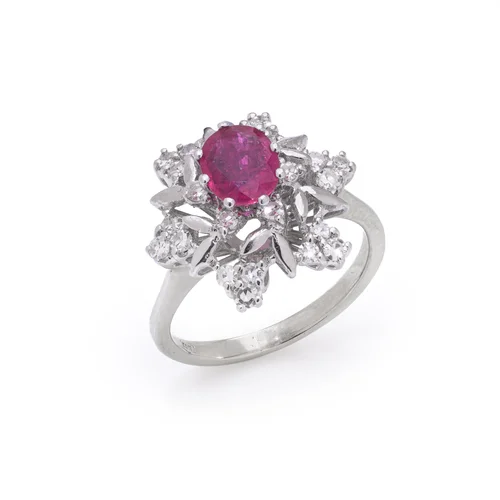 Vintage 18KT White Gold Ruby and Diamond Cluster Ring