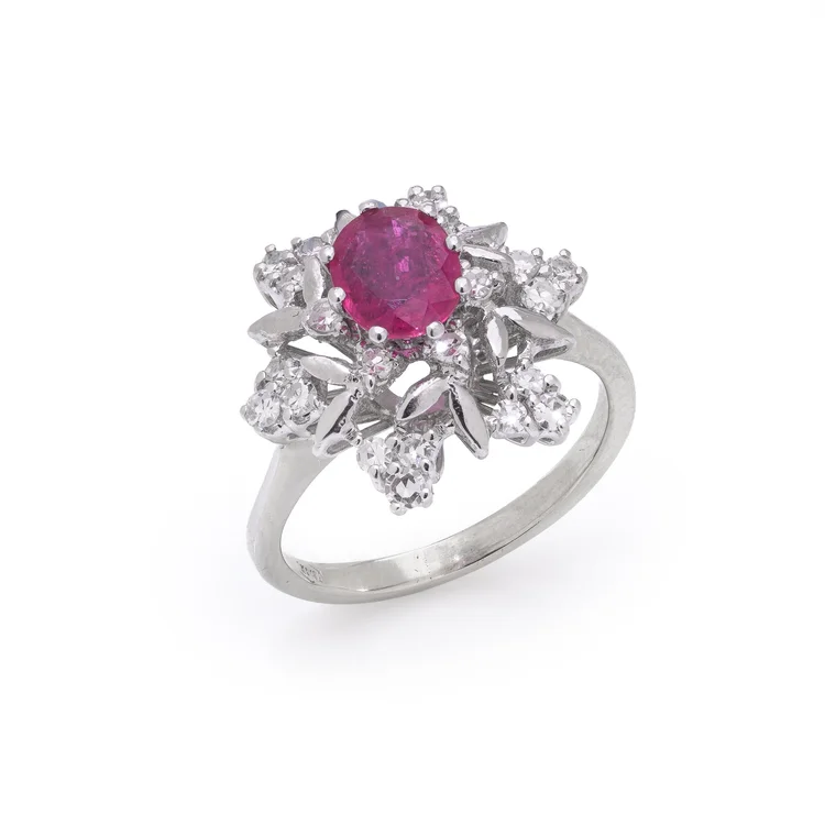 Vintage 18KT White Gold Ruby and Diamond Cluster Ring