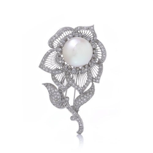 Vintage Pearl & Diamond Flower Brooch