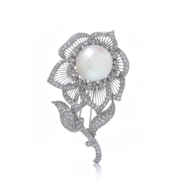 Vintage Pearl & Diamond Flower Brooch