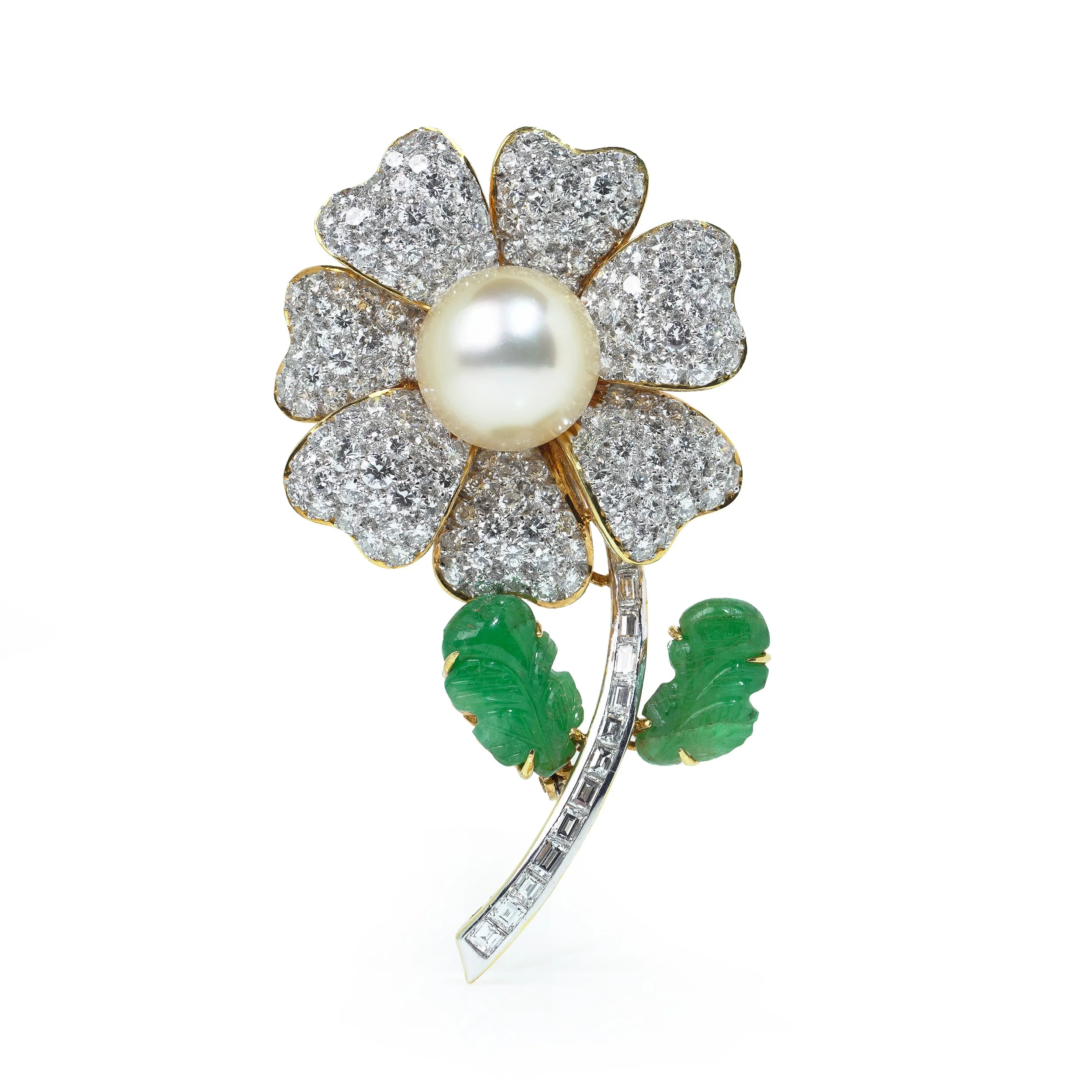 Vintage 1970s 18KT Gold Pearl Emerald and Diamond Flower Brooch