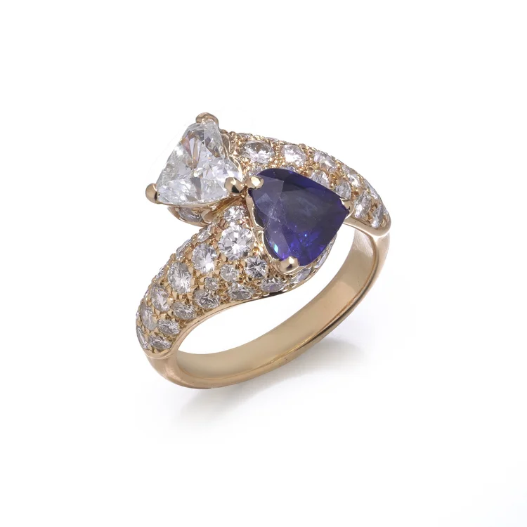 18KT Yellow Gold Sapphire and Diamond Crossover Ring