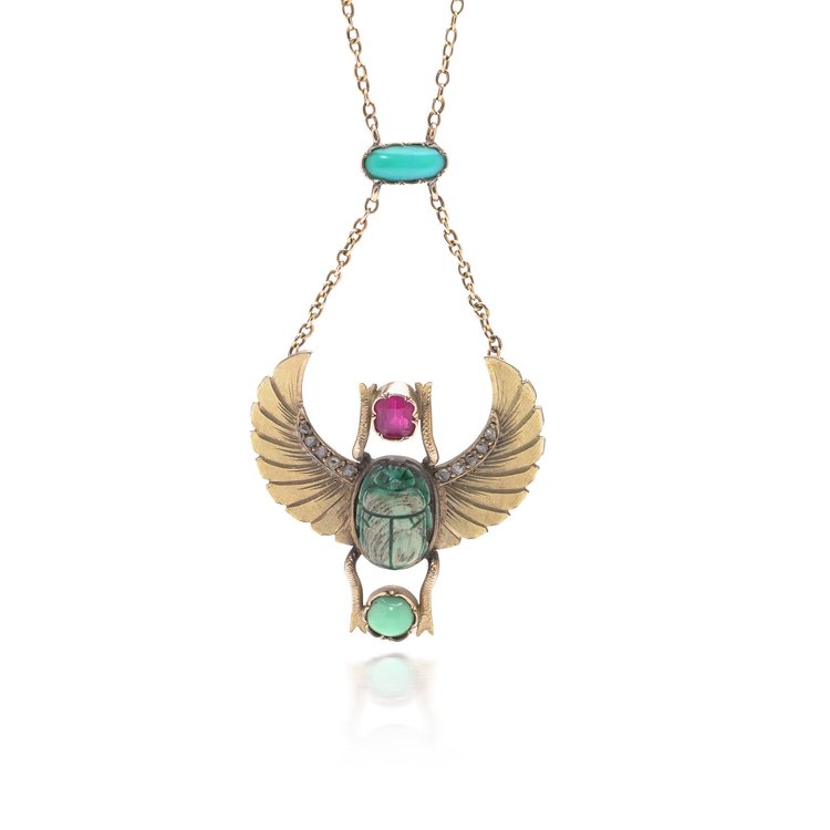 Egyptian Revival Scarab Necklace, 18KT Gold, Early 20th Century