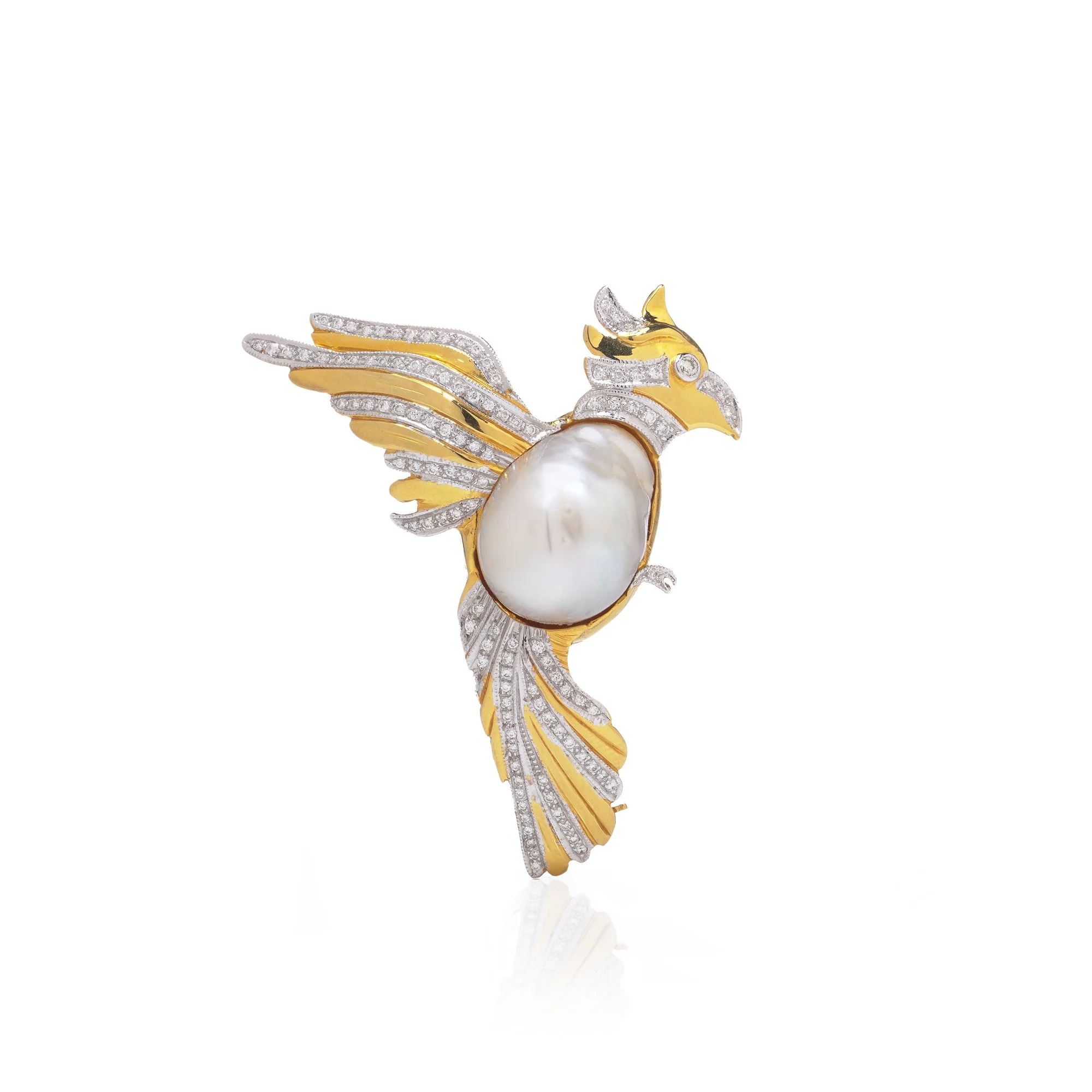 18KT Gold Cockatoo Brooch with South Sea Pearl and Diamonds