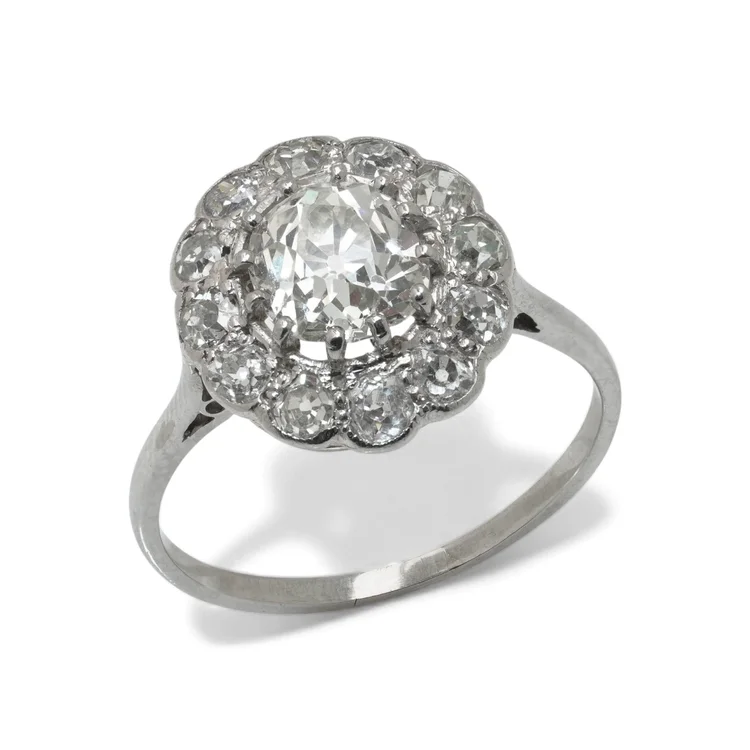 Art Deco Platinum 1.69 Old Cut Diamond Cluster Ring