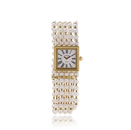 Chanel Mademoiselle Watch, 18KT Gold and Cultured Pearl Bracelet, 1989