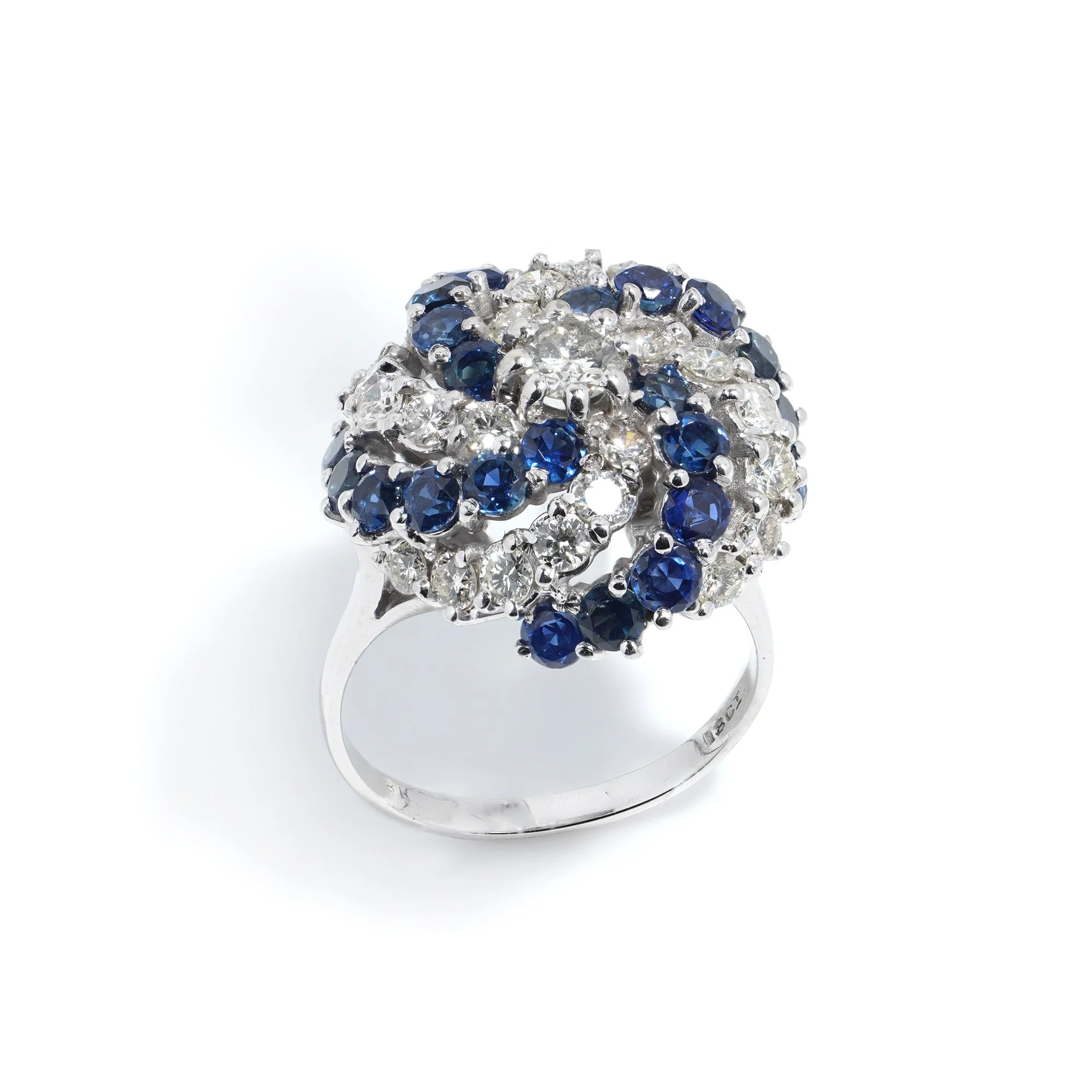 18kt white gold 2.22 ct. diamonds and 1.92 ct. sapphires cluster ring.
