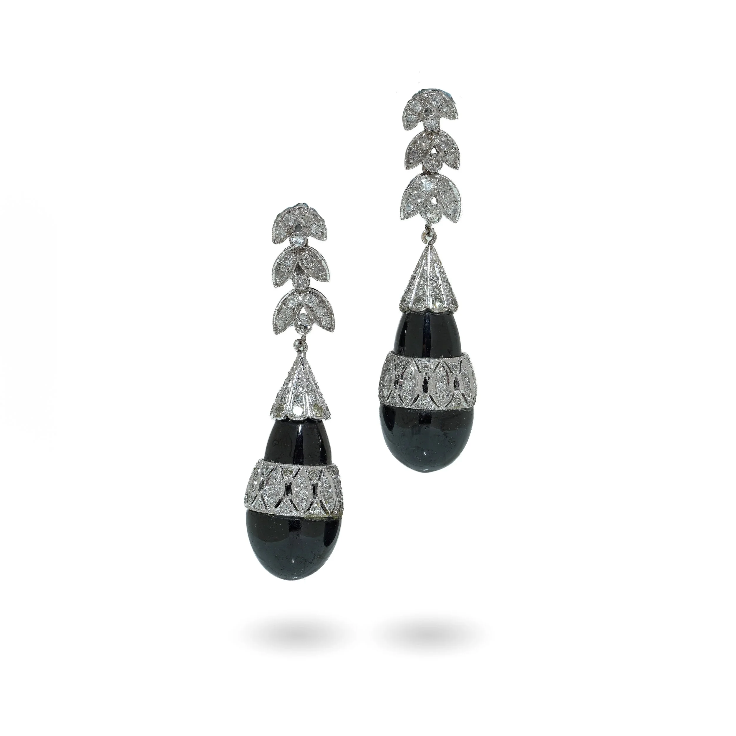 Art Deco Platinum Onyx and Diamond Drop Earrings