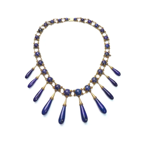 Victorian 15KT Gold Natural Lapis Lazuli Fringe Necklace
