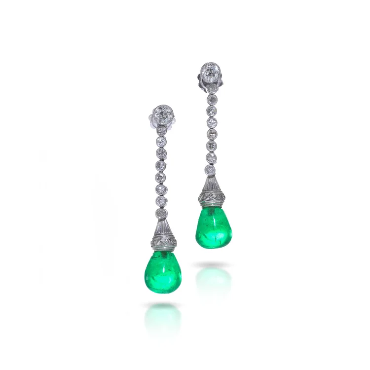 Art Deco Platinum Diamond and Colombian Emerald Drop Earrings